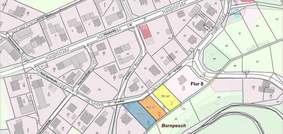 Eine detaillierte kartografische Darstellung eines Wohngebiets, die Straßen, Flurstücke und Gebäude zeigt. Markante Gebäude sind die "Kirche Sankt Servatius" und ein angrenzender Friedhof oben rechts. Mehrere Flurstücke sind farblich hervorgehoben und mit Flächenangaben versehen (852 m², 662 m², 751 m²), innerhalb des Flurs 8. 