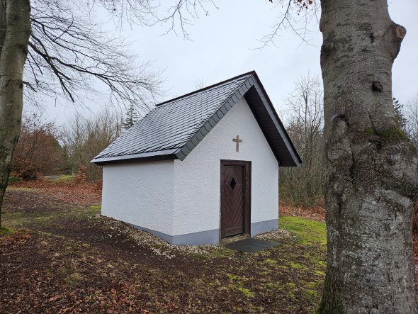 in kleines, weiß verputztes Kapellengebäude mit schiefergedecktem Satteldach steht in einer waldigen Umgebung. Die Kapelle hat eine braune Holztür mit einem kleinen, rautenförmigen Fenster und einem einfachen, braunen Kreuz direkt darüber an der Giebelfassade. Die Fassade ist frisch gestrichen, und der Sockel ist mit grauen Steinen abgesetzt. Links und rechts im Vordergrund rahmen zwei große, kahle Baumstämme das Bild ein. Der Boden ist mit braunem Herbstlaub und etwas Moos bedeckt. Im Hintergrund erstreckt sich ein dichter, kahler Wald, und der Himmel ist bedeckt und grau, was auf bewölktes Wetter hinweist.