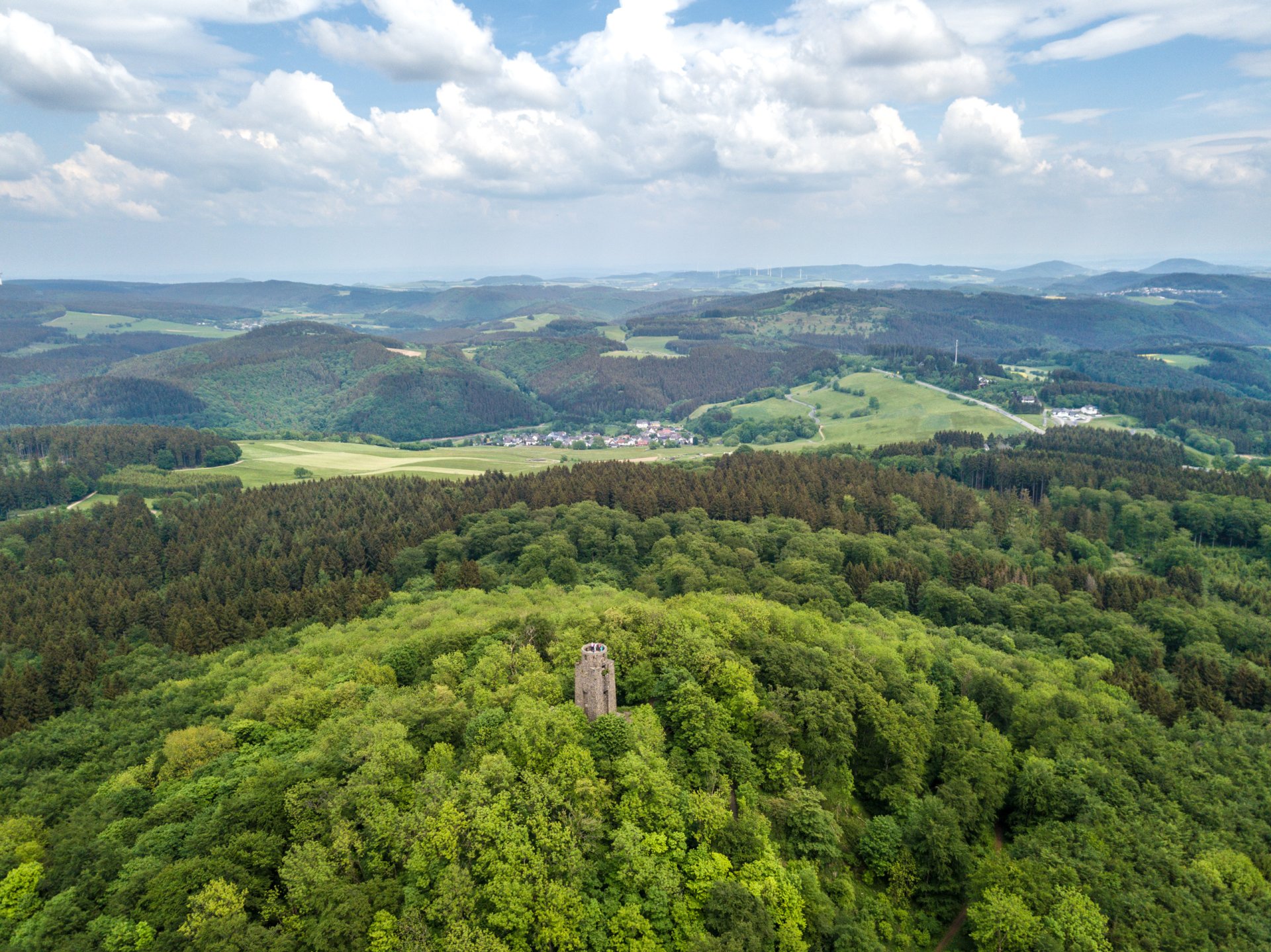 Luftaufnahme eines dichten Waldes, aus dem ein einzelner steinerner Turm hervorragt. Dahinter liegen grüne Hügel, offene Wiesenflächen und einige Gebäude unter einem leicht bewölkten Himmel.