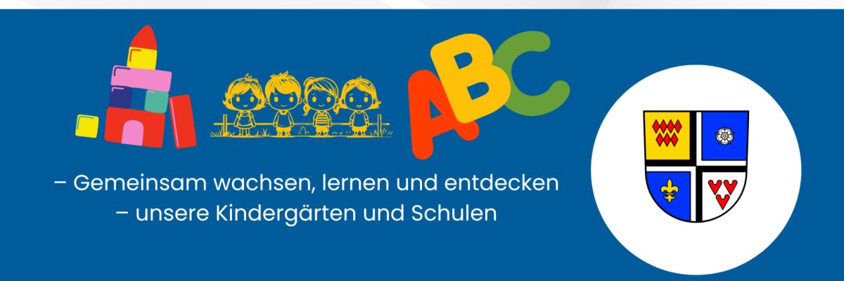 Der Header zeigt verschiedene Symbole, die Kindertagesstätten und Schulen repräsentieren. Links sind bunte Bausteine und eine Illustration von vier lachenden Kindern hinter einem Zaun abgebildet. In der Mitte stehen große, bunte Buchstaben "ABC". Rechts befindet sich das viergeteilte Wappen der Ortsgemeinde Kaltenborn, das Rauten, eine Rose, Herzen und eine Lilie zeigt. Darunter steht in weißer Schrift der Text: "– Gemeinsam wachsen, lernen und entdecken – unsere Kindergärten und Schulen".