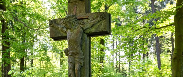 Steinernes Kruzifix mit Jesusfigur in einem bewaldeten Gebiet. Am Sockel ein verzierter Schild mit unleserlicher Inschrift. Umgeben von grünem Laub, im Hintergrund ein Waldweg.