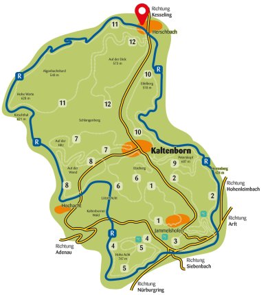 Skizierte Landkarte Umrisse OT Herschbach mit eingezeichneten Wanderwegen