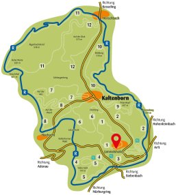 Skizierte Landkarte Umrisse OT Jammelshofen mit eingezeichneten Wanderwegen