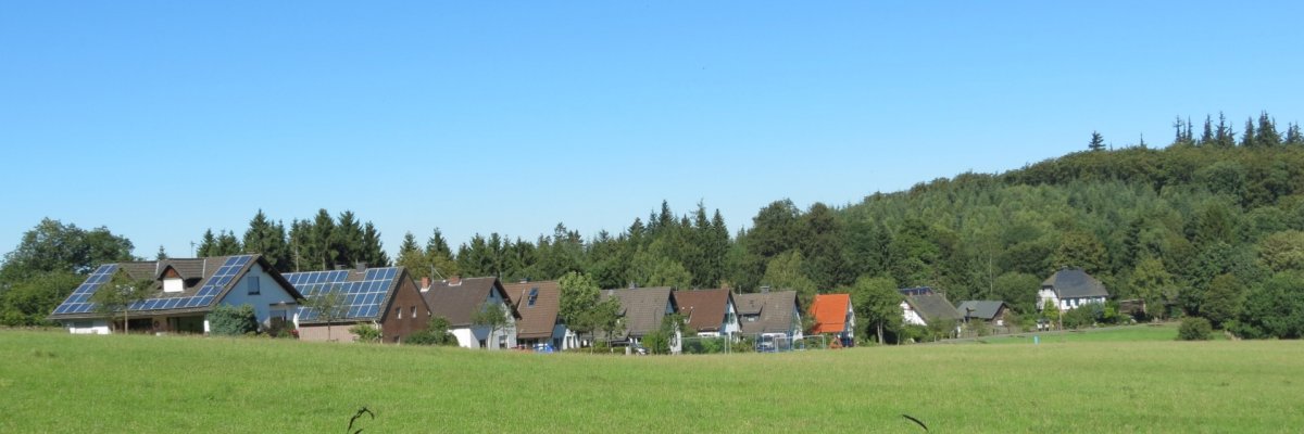 Landschaft mit grünem Feld im Vordergrund, einem großen Baum, einem Wald auf sanften Hügeln und einem kleinen Dorf (Hochacht)unter blauem Himmel