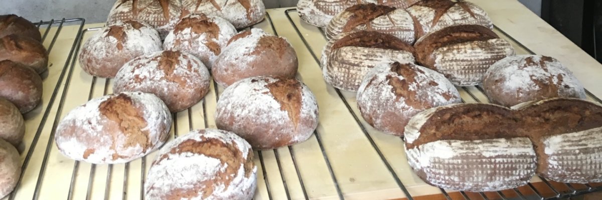 fertig gebackene Brote vor dem Backesofen auf einem Holztisch